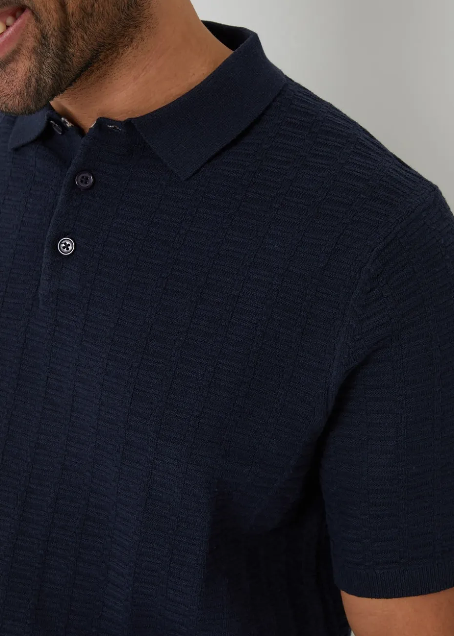 Threadbare Navy Cotton Mix Short Sleeve Textured Knitted Polo Shirt