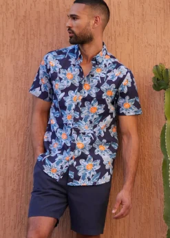 Threadbare Navy Cotton Tropical Print Short Sleeve Shirt