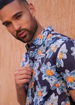 Threadbare Navy Cotton Tropical Print Short Sleeve Shirt