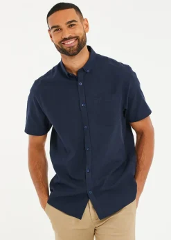 Threadbare Navy Dragon Cotton-Linen Blend Short-Sleeve Shirt