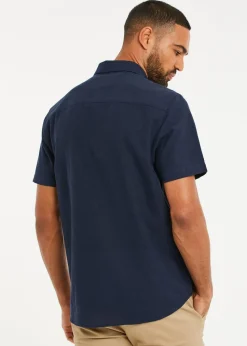 Threadbare Navy Dragon Cotton-Linen Blend Short-Sleeve Shirt