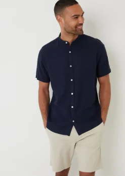 Threadbare Navy Grandad Collar Linen Blend Short Sleeve Shirt