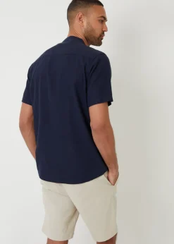 Threadbare Navy Grandad Collar Linen Blend Short Sleeve Shirt