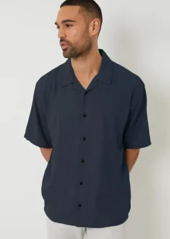 Threadbare Navy Kylian Linen Blend Revere Collar Short Sleeve Shirt