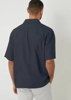 Threadbare Navy Kylian Linen Blend Revere Collar Short Sleeve Shirt