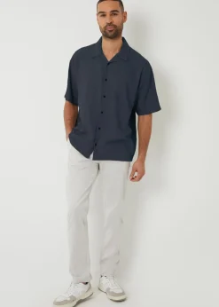Threadbare Navy Kylian Linen Blend Revere Collar Short Sleeve Shirt