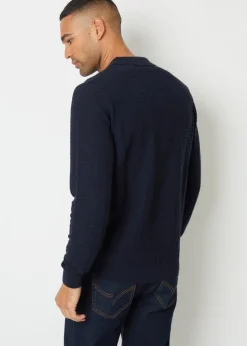 Threadbare Navy Long Sleeve Textured Knit Polo Collar Jumper