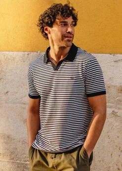 Threadbare Navy Open Collar Striped Pique Polo Shirt