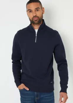 Threadbare Navy Pique Quarter Zip Funnel Neck Sweatshirt