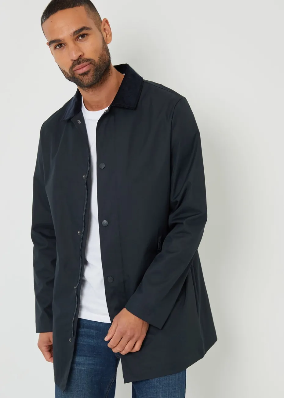 Threadbare Navy Showerproof Longline Corduroy Collar Mac