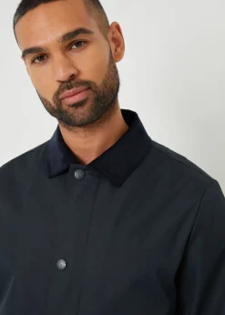 Threadbare Navy Showerproof Longline Corduroy Collar Mac