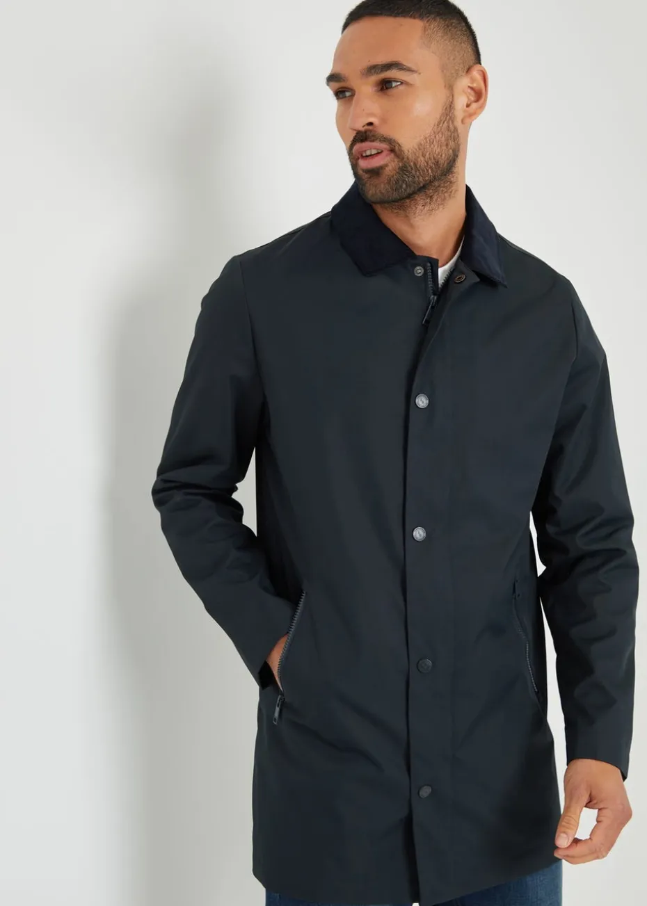 Threadbare Navy Showerproof Longline Corduroy Collar Mac