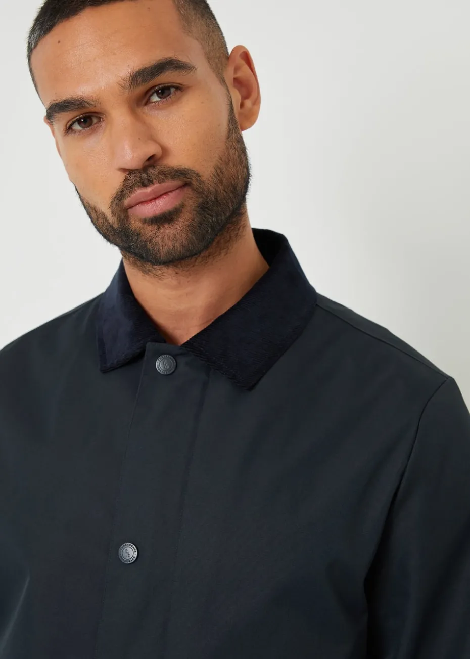 Threadbare Navy Showerproof Longline Corduroy Collar Mac