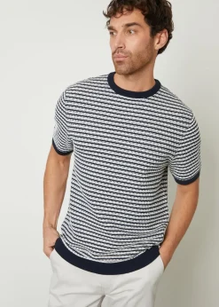 Threadbare Navy Stripe Textured Knitted T-Shirt