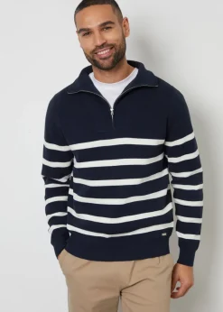 Threadbare Navy Striped Quarter Zip Knitted Jumper