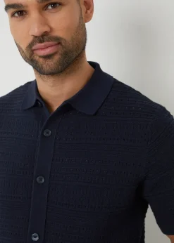 Threadbare Navy Textured Button Through Knitted Shirt