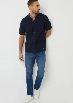 Threadbare Navy Textured Button Through Knitted Shirt