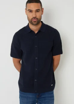 Threadbare Navy Textured Button Through Knitted Shirt