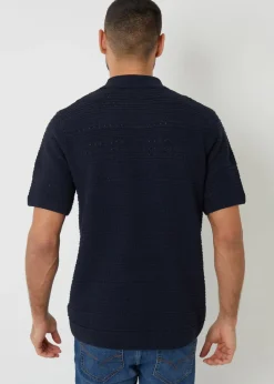 Threadbare Navy Textured Button Through Knitted Shirt