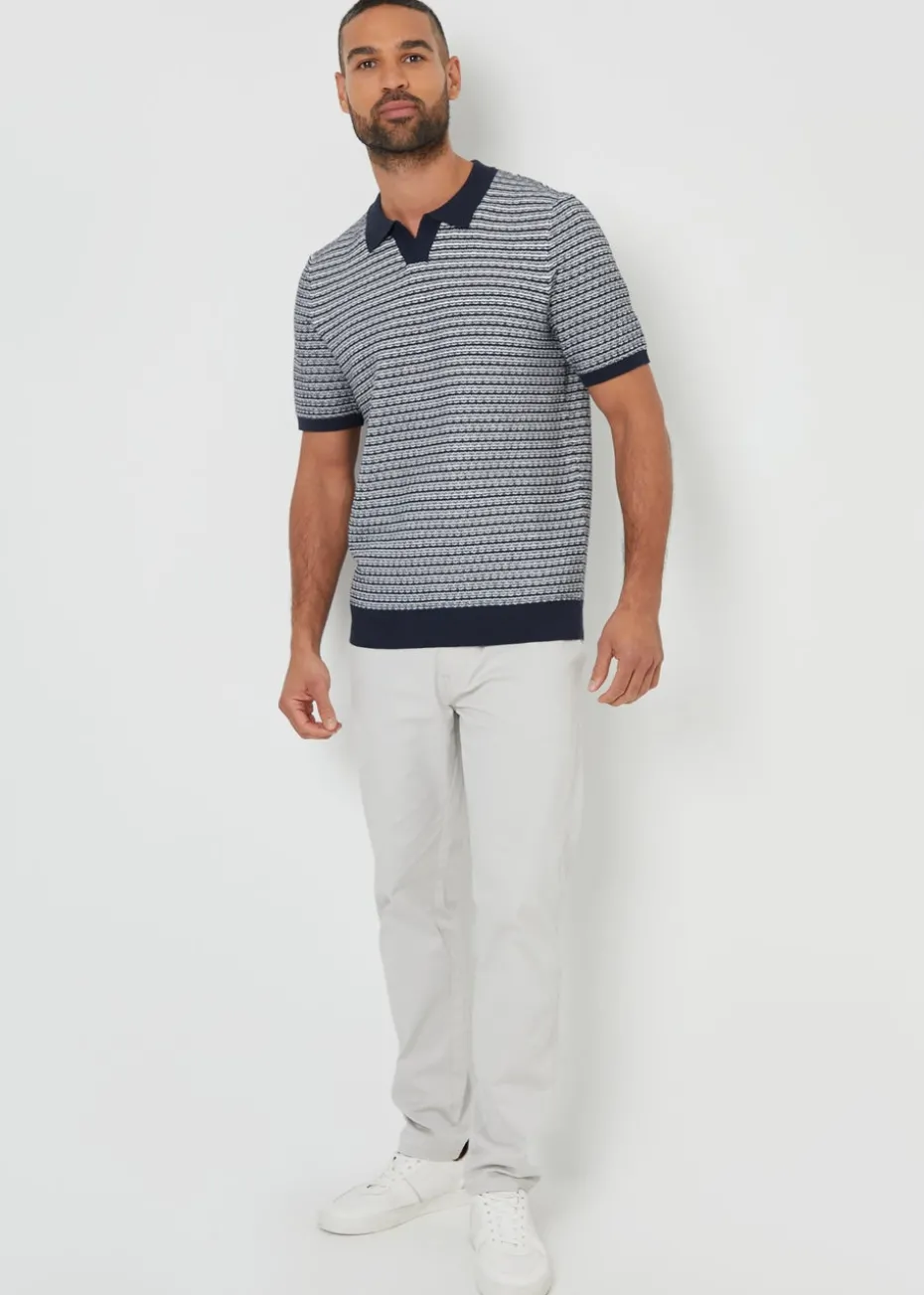 Threadbare Navy Textured Stripe Trophy Neck Knitted Polo Shirt