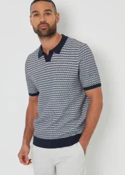 Threadbare Navy Textured Stripe Trophy Neck Knitted Polo Shirt