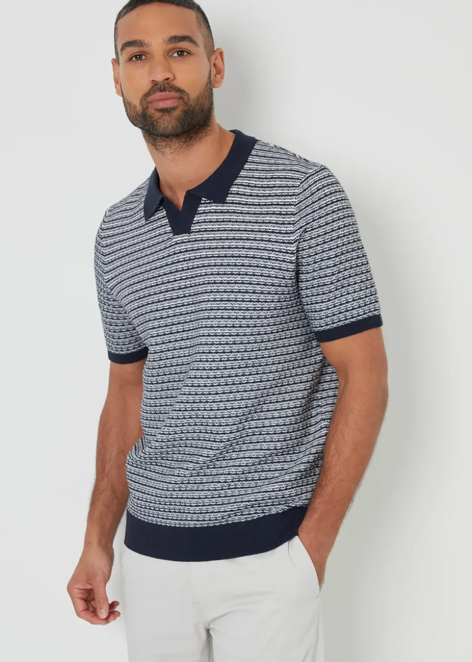 Threadbare Navy Textured Stripe Trophy Neck Knitted Polo Shirt