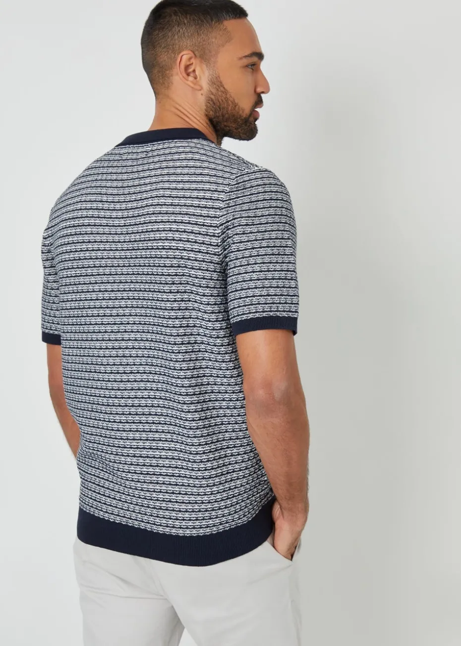 Threadbare Navy Textured Stripe Trophy Neck Knitted Polo Shirt
