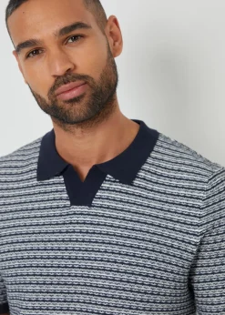 Threadbare Navy Textured Stripe Trophy Neck Knitted Polo Shirt