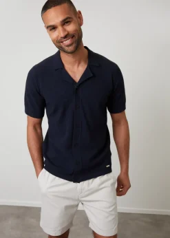 Threadbare Navy Textured Revere Collar Knitted Shirt