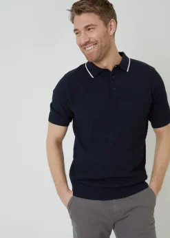 Threadbare Navy Textured Front Tipping Collar Knitted Polo Shirt