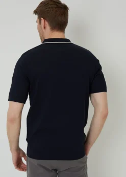 Threadbare Navy Textured Front Tipping Collar Knitted Polo Shirt