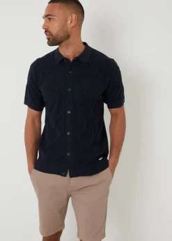 Threadbare Navy Textured Button Through Knitted Polo Shirt