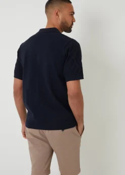Threadbare Navy Textured Button Through Knitted Polo Shirt