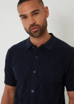 Threadbare Navy Textured Button Through Knitted Polo Shirt