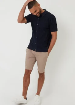 Threadbare Navy Textured Button Through Knitted Polo Shirt