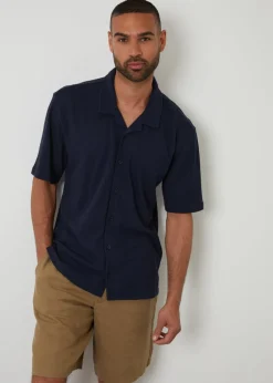 Threadbare Navy Textured Relaxed Fit Short Sleeve Shirt
