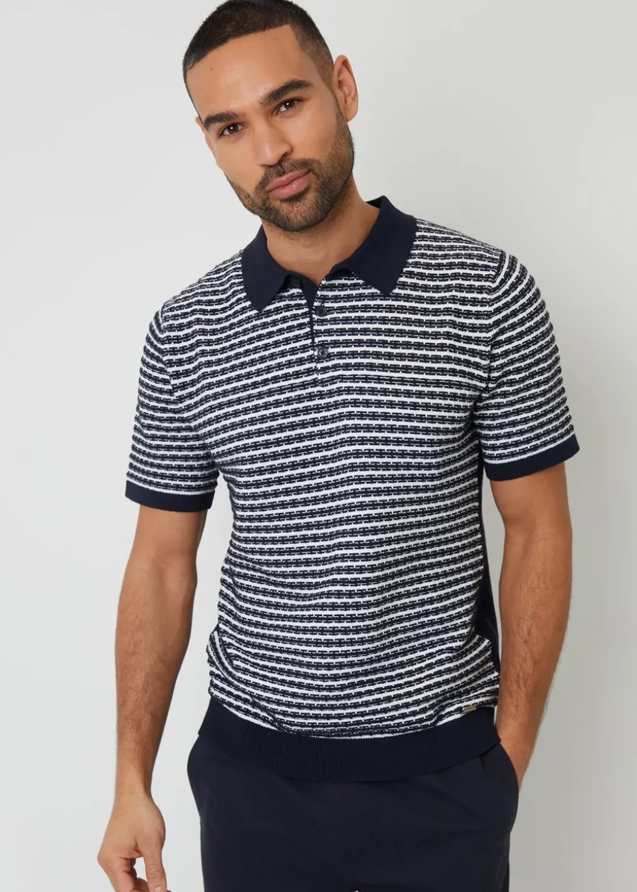 Threadbare Navy Textured Stripe Knitted Polo Shirt