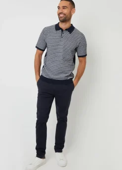 Threadbare Navy Textured Stripe Knitted Polo Shirt