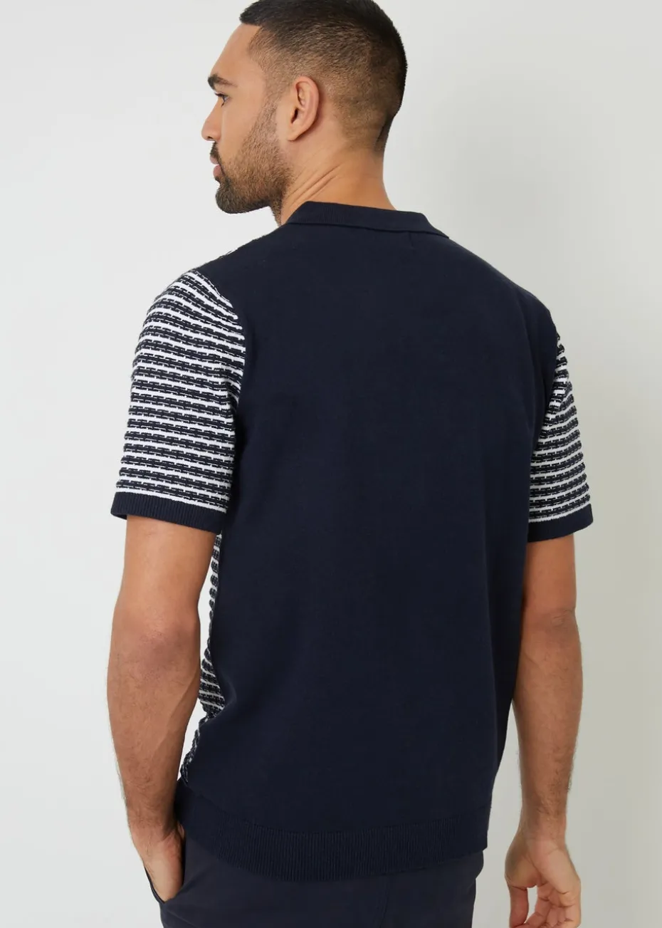 Threadbare Navy Textured Stripe Knitted Polo Shirt