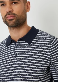 Threadbare Navy Textured Stripe Knitted Polo Shirt
