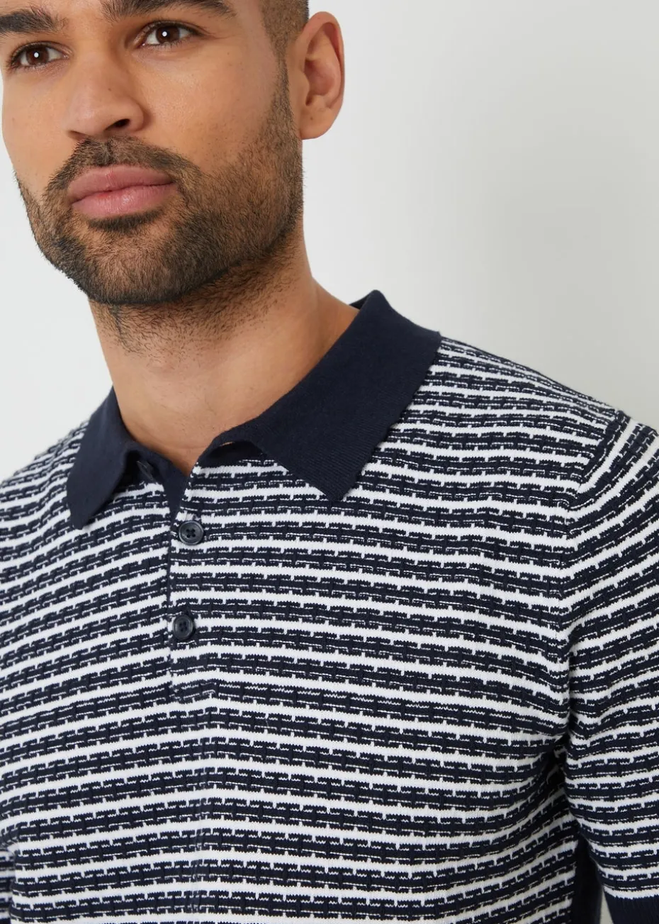 Threadbare Navy Textured Stripe Knitted Polo Shirt