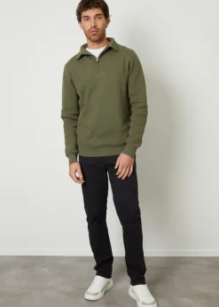 Threadbare Olive Rib Panel Quarter Zip Jumper
