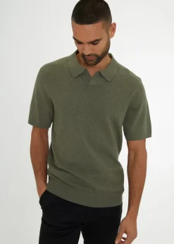 Threadbare Olive Textured Front Short Sleeve Trophy Neck Knitted Polo