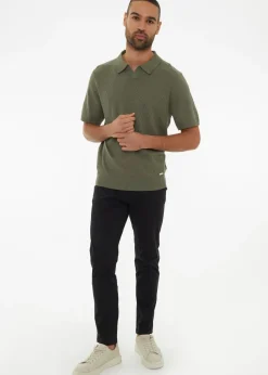 Threadbare Olive Textured Front Short Sleeve Trophy Neck Knitted Polo