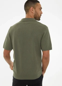 Threadbare Olive Textured Front Short Sleeve Trophy Neck Knitted Polo