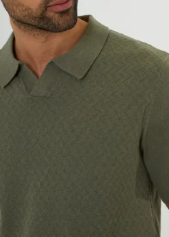 Threadbare Olive Textured Front Short Sleeve Trophy Neck Knitted Polo