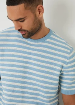 Threadbare Pale Blue Striped Textured Knitted T-Shirt