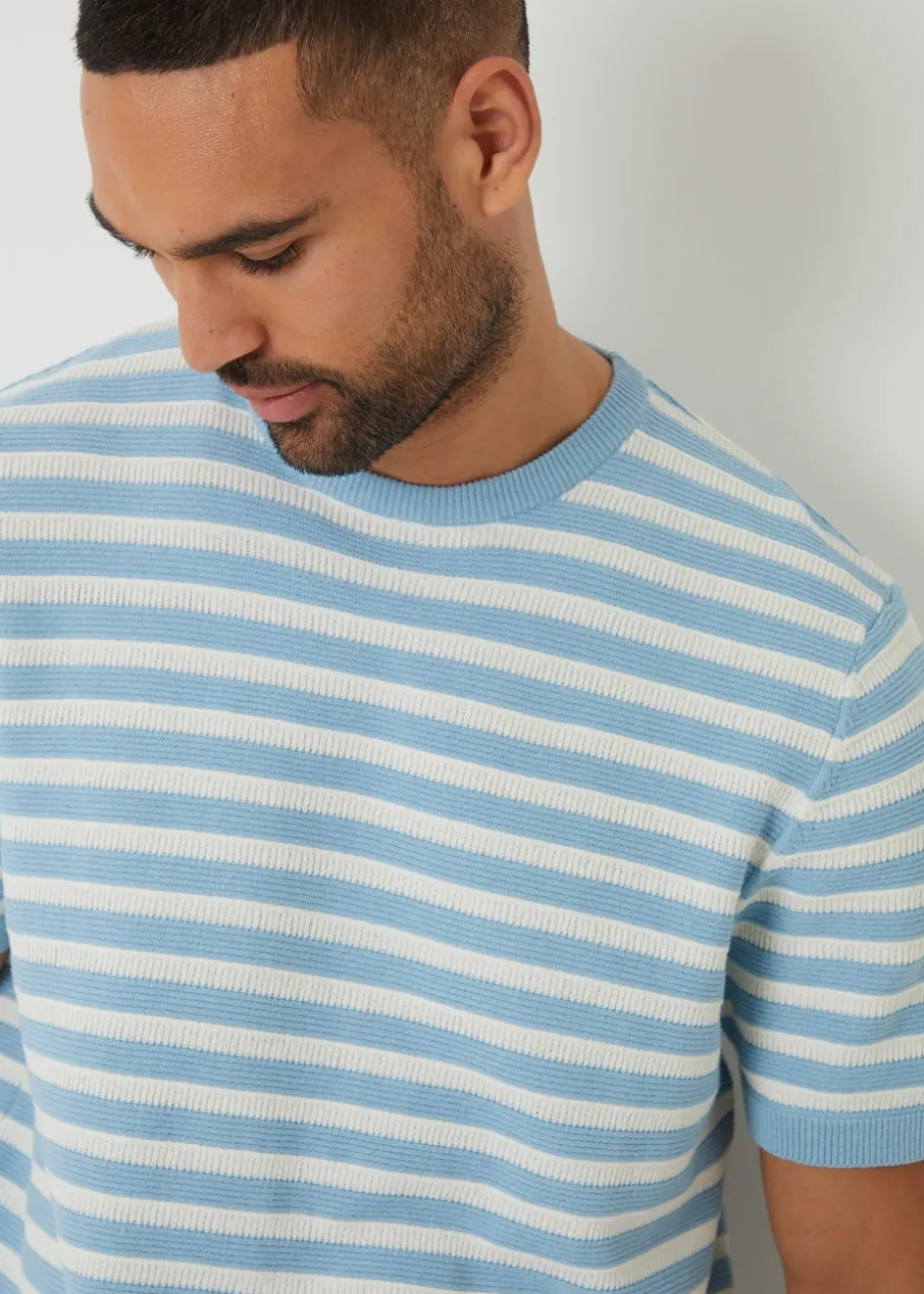 Threadbare Pale Blue Striped Textured Knitted T-Shirt