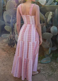 Threadbare Pink Check Shirred Guaze Tiered Midi Dress
