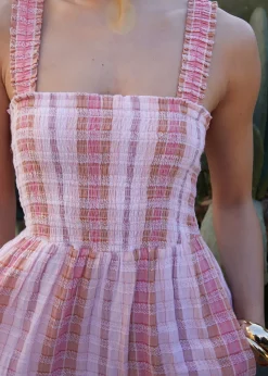 Threadbare Pink Check Shirred Guaze Tiered Midi Dress